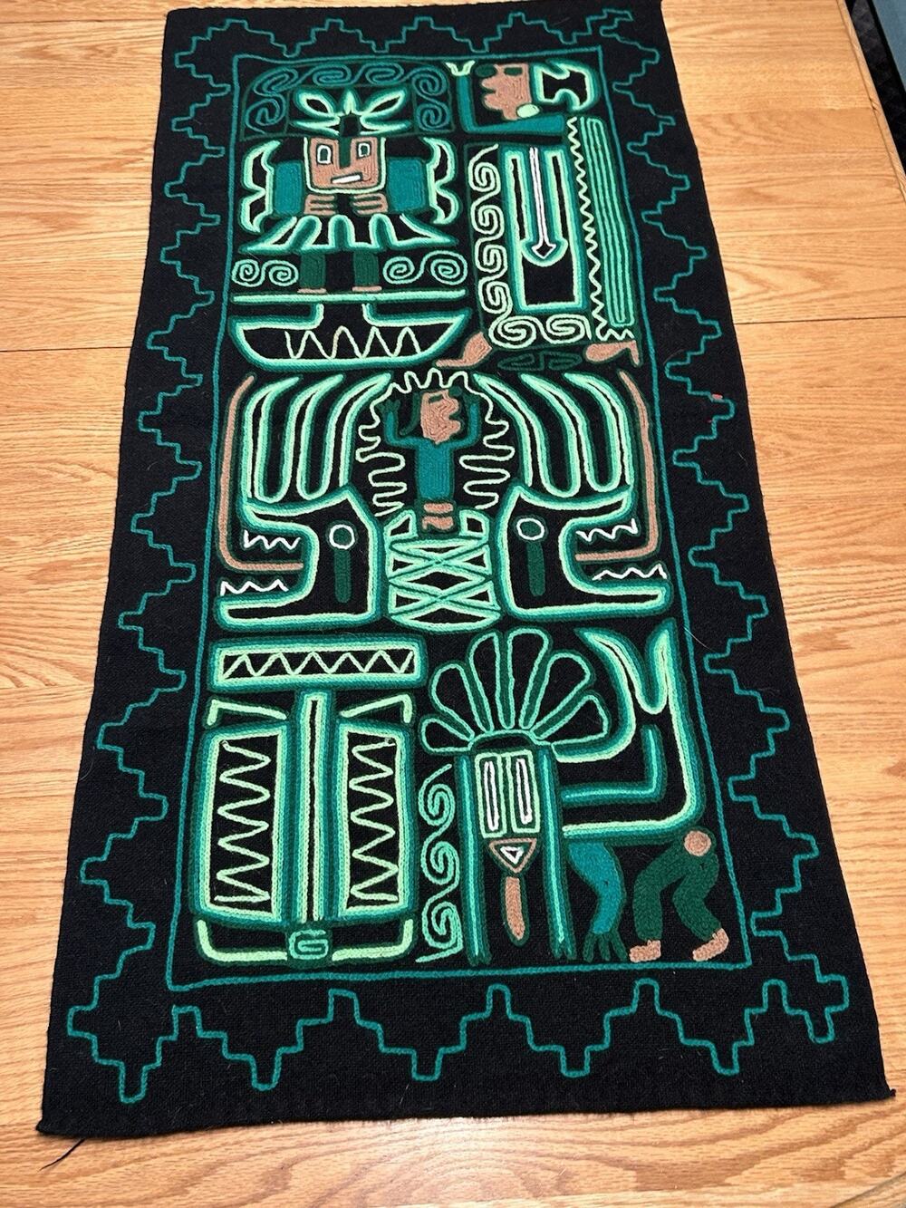 Peruvian Wool Embroidery Tapestry Black Neon Inka Mythological Art Panel